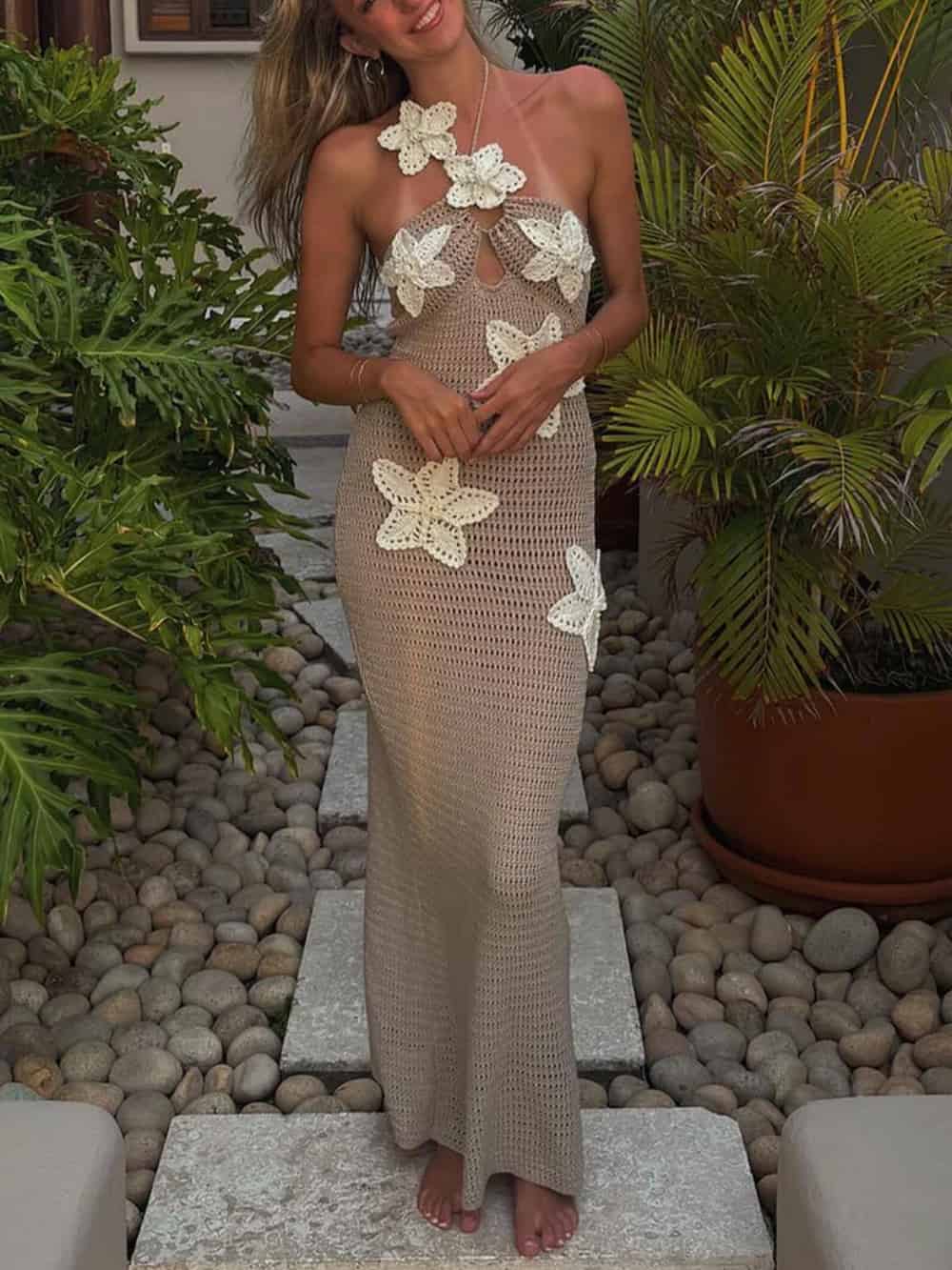 3D Flower Decor Halter Neck Bodycon Crochet Maxi Dresses